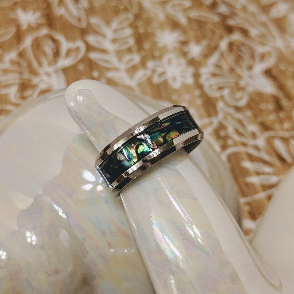 Abalone Shell Inlay Titanium Steel Ring - Size 8